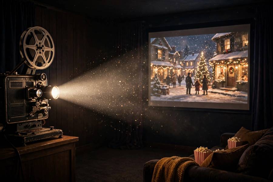 A classic film projector showing a beloved Christmas movie in a home cinema