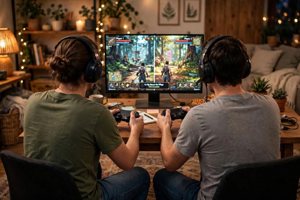 Friends playing a co-op PC game together with headsets and controllers