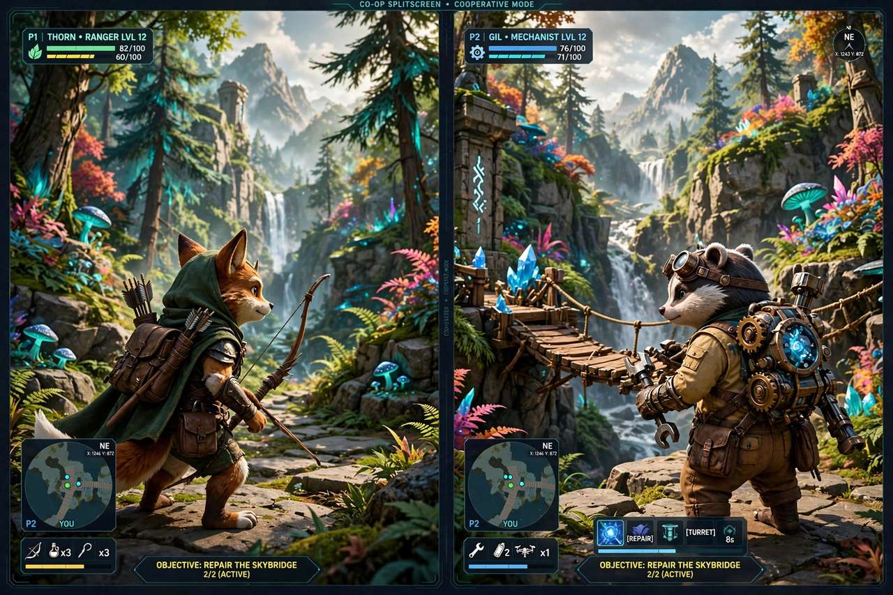 Split-screen co-op gameplay showing two players working together