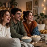 Friends enjoying the best comedy movies together on movie night