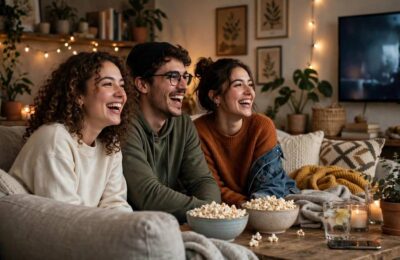 Friends enjoying the best comedy movies together on movie night