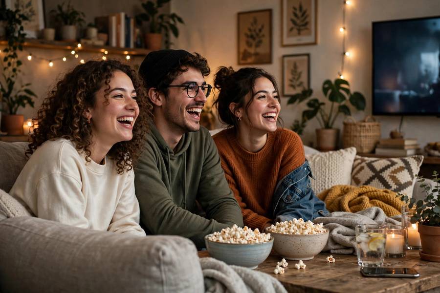 Friends enjoying the best comedy movies together on movie night