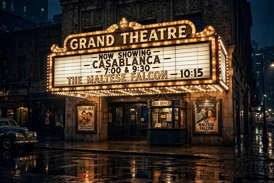 Classic theater marquee celebrating the best comedy movies