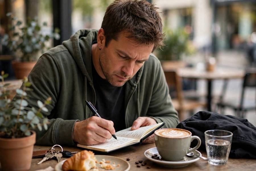 Comedian writing jokes in notebook at cafe table with coffee