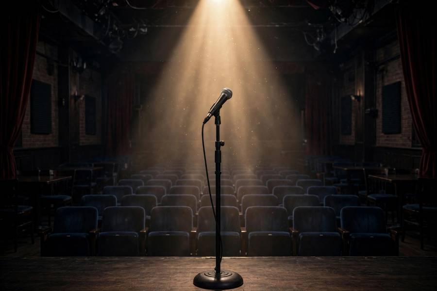 Microphone on stand in empty comedy club before show