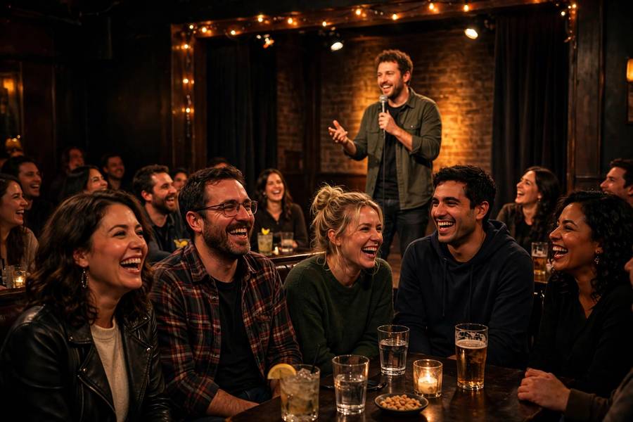 Audience laughing in dark comedy club with performer on stage