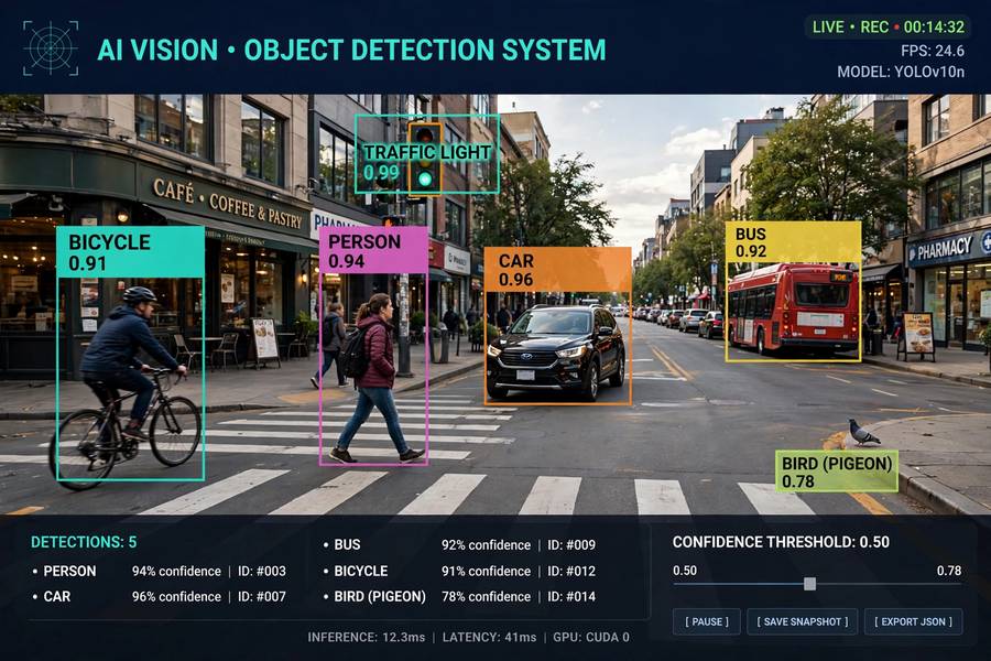 An AI vision system detecting objects in a street scene with bounding boxes