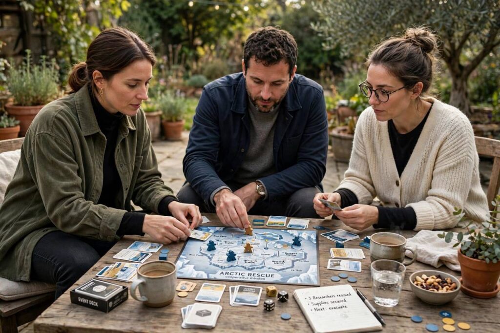 Adults playing a cooperative board game together around a table with cards and game pieces