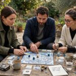 Best Cooperative Board Games for Adults Adults playing a cooperative board game together around a table with cards and game pieces