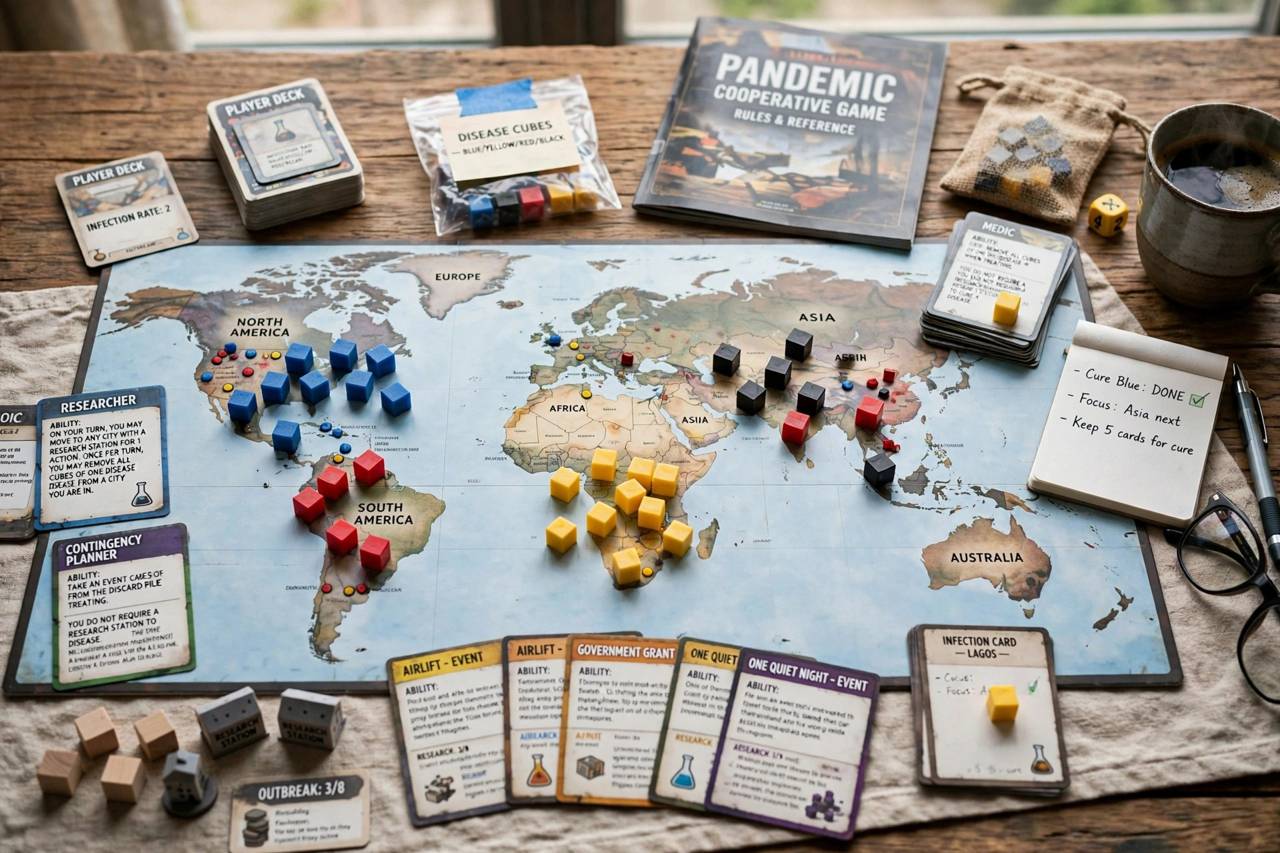 A cooperative strategy board game with a world map, disease cubes, and player cards spread on a table