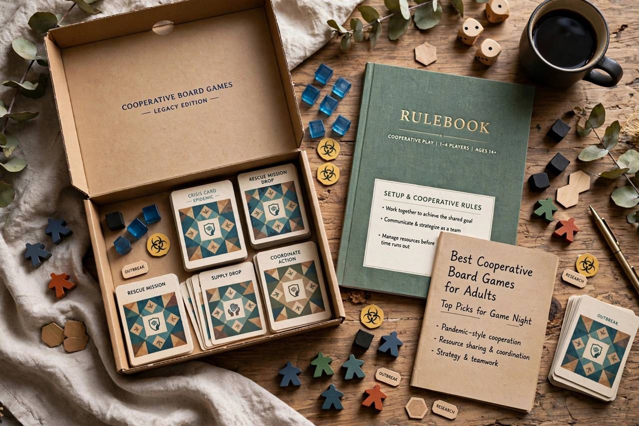 An open board game box with cards, tokens, and rulebook arranged for game night