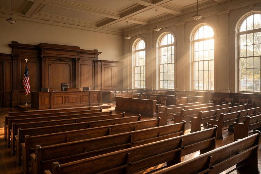 Grand empty courtroom with wooden benches and tall windows glowing in warm morning light