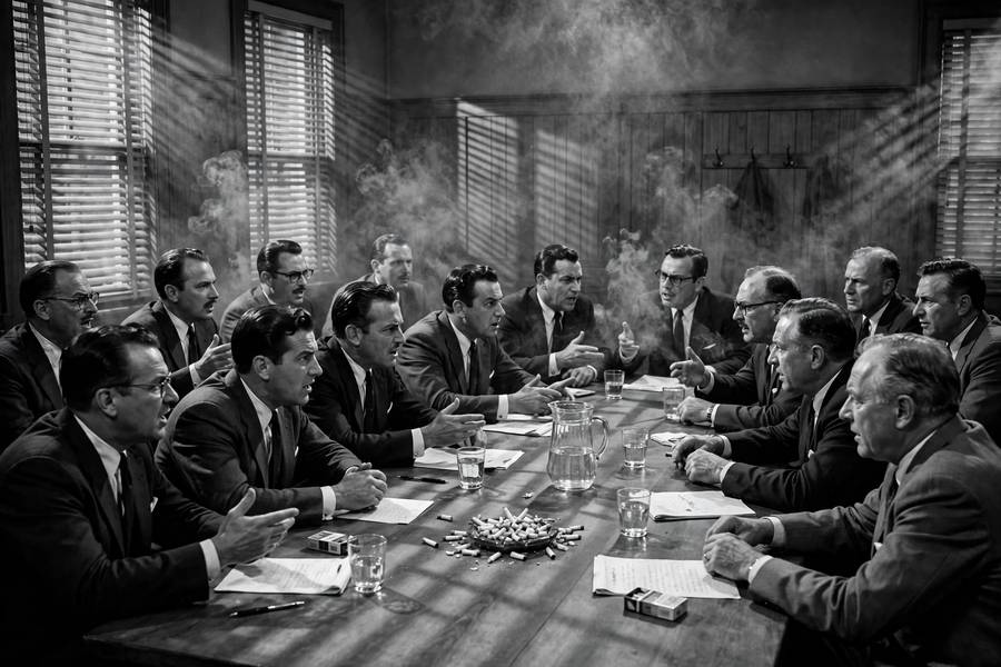 A jury deliberation room in a 1950s film style, twelve men in suits seated around a long table arguing over a case