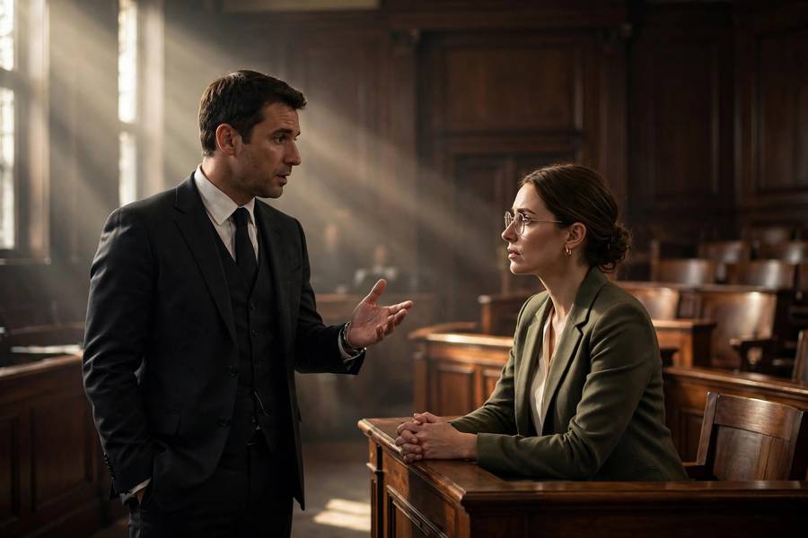 A defense attorney in a dark suit questioning a witness on the stand in a grand wood-paneled courtroom