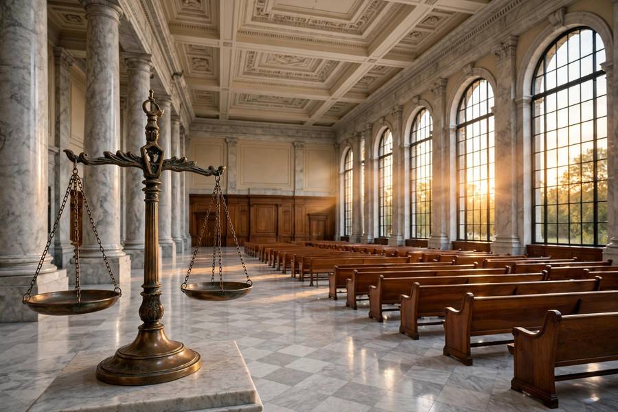 A grand courthouse interior with marble columns, the scales of justice, and wooden benches in warm light