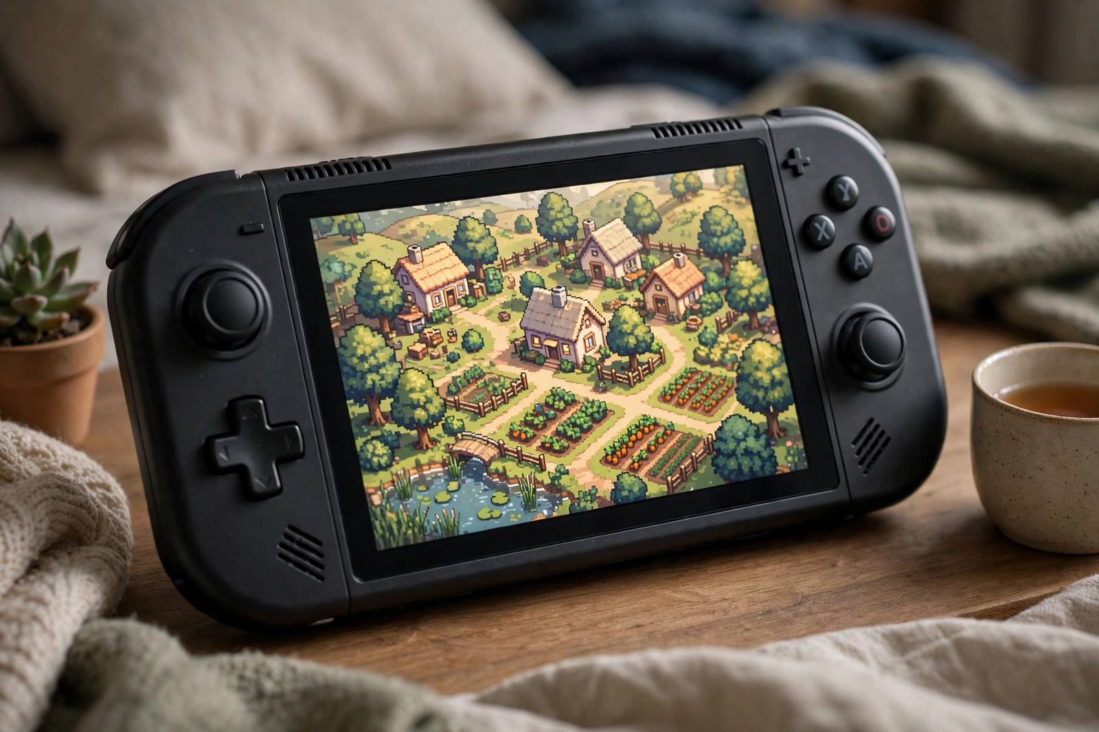 Close-up of a handheld console displaying a cozy village life game on a bedside table