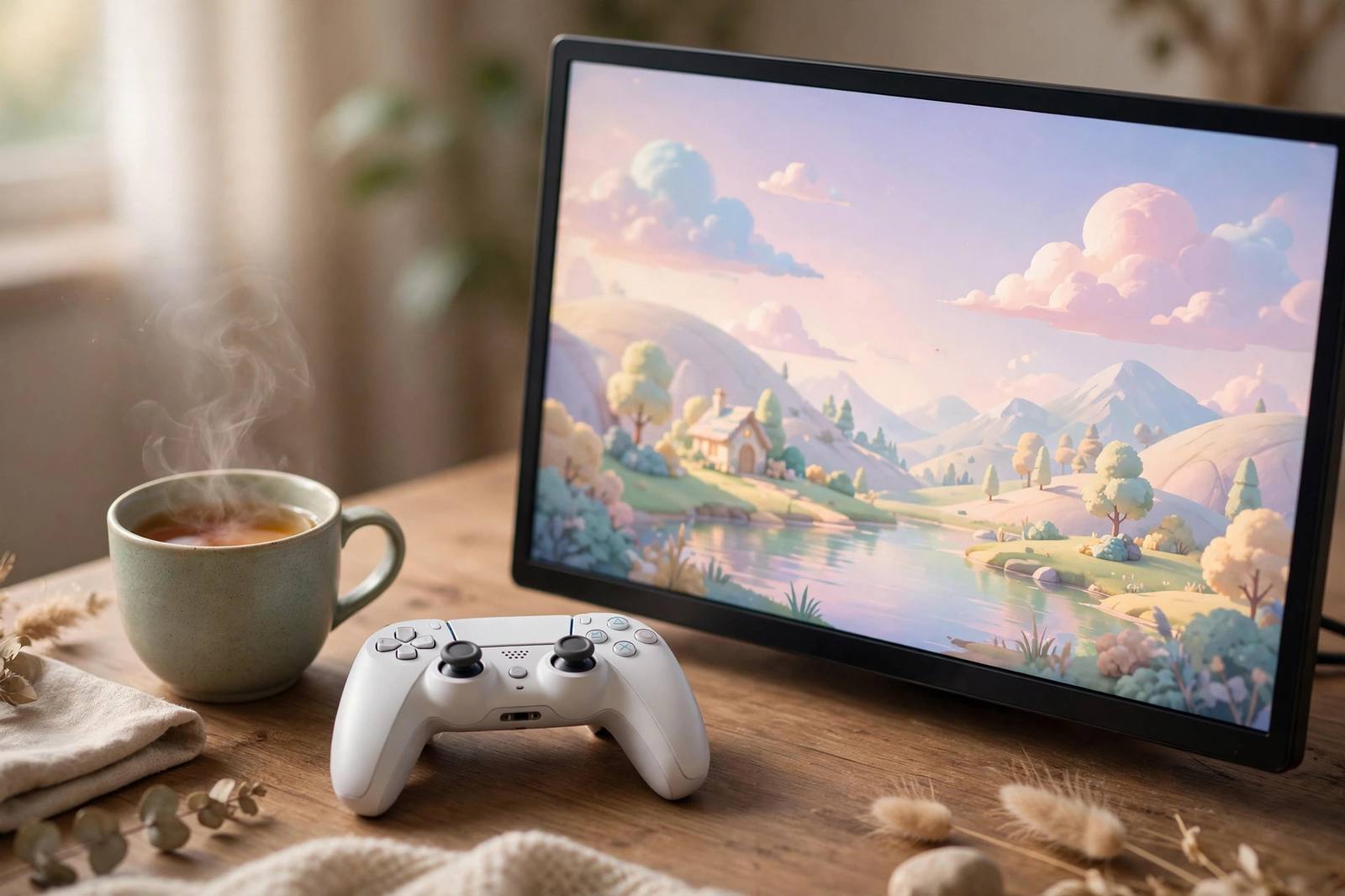 A cup of tea next to a controller and a soft-lit monitor with a pastel game scene