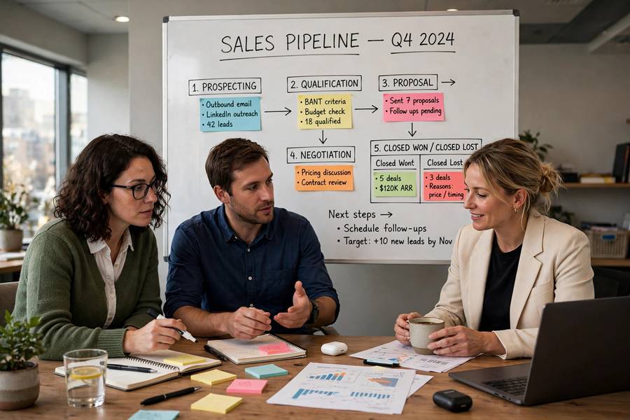 Mapping the sales pipeline on a whiteboard before selecting the best CRM for small business