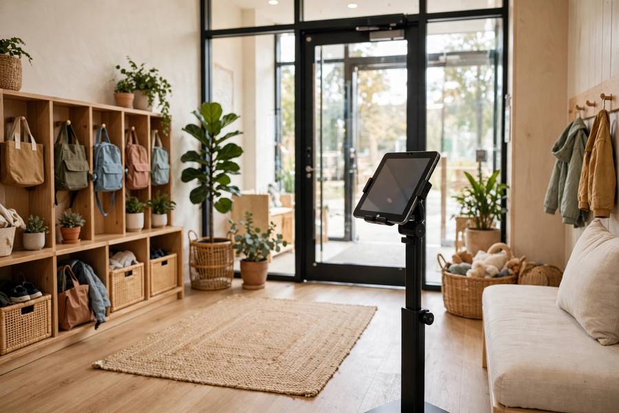 Check-in kiosk at daycare entrance powered by the best daycare management software