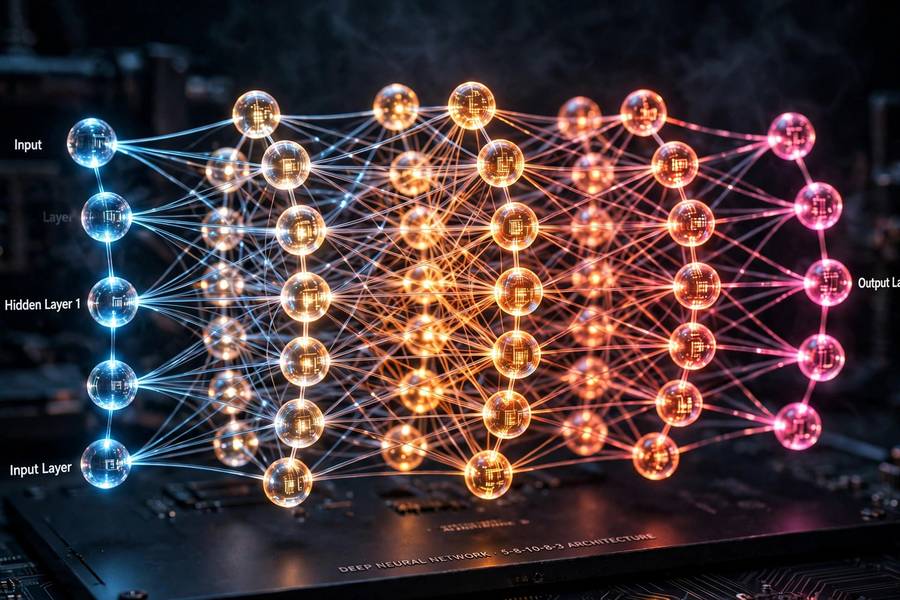 Visualization of a deep neural network with layered glowing nodes representing deep learning