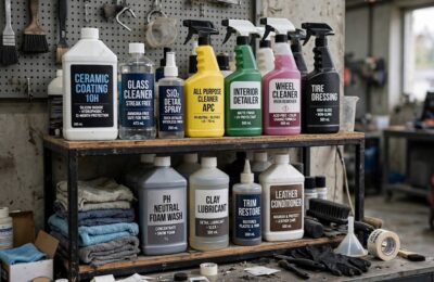 Professional detailing chemicals organized on workshop shelf