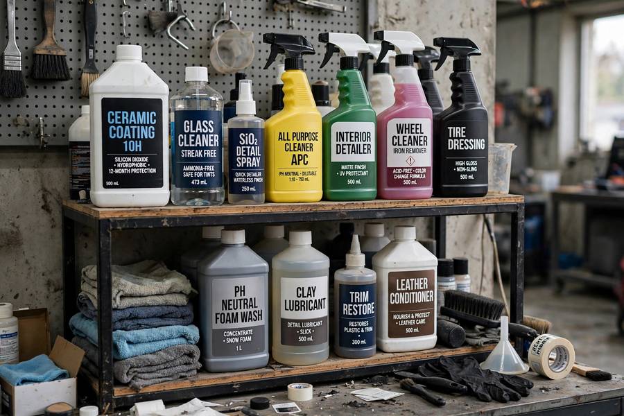 Professional detailing chemicals organized on workshop shelf