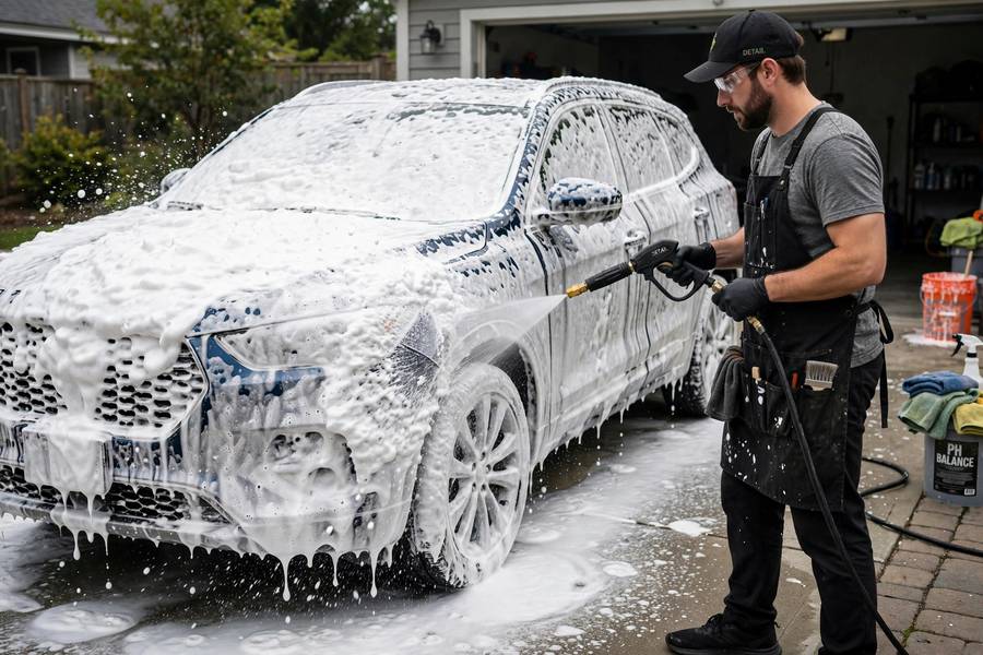 Professional foam cannon applying pre-wash foam to car