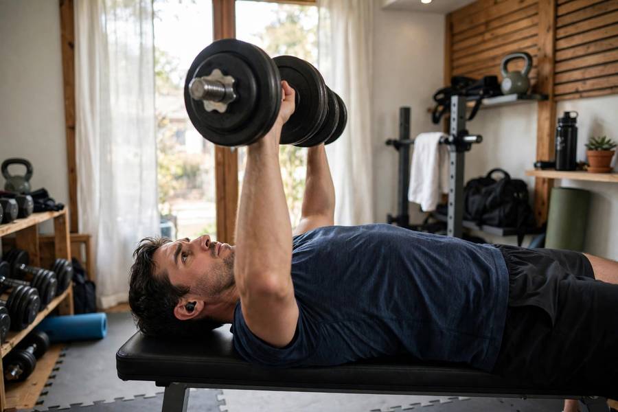 Person performing dumbbell bench press, one of the best dumbbell exercises
