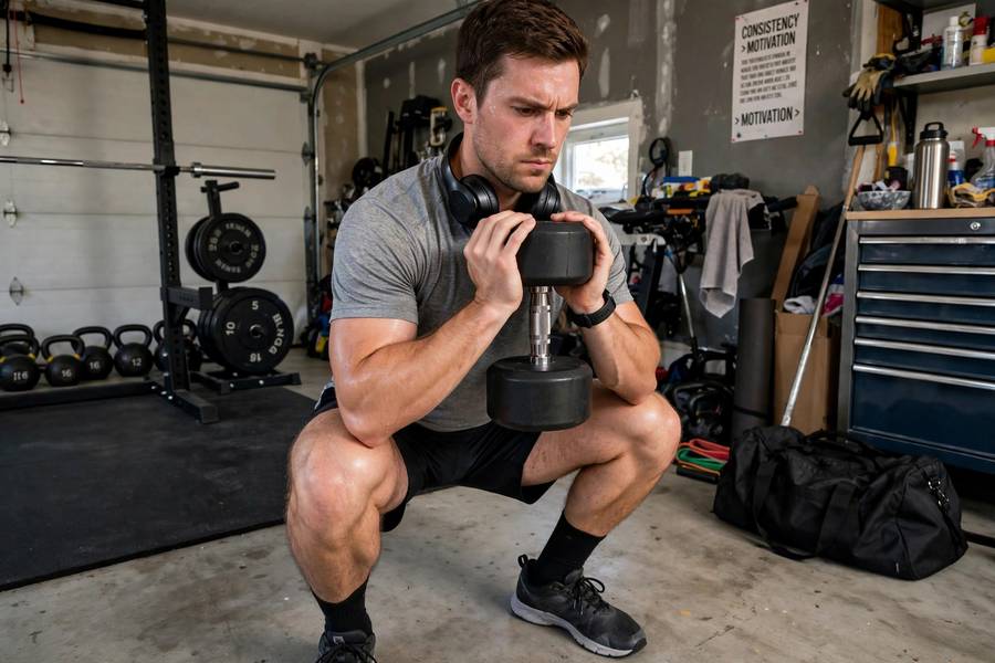 Man performing goblet squats, one of the best dumbbell exercises for legs