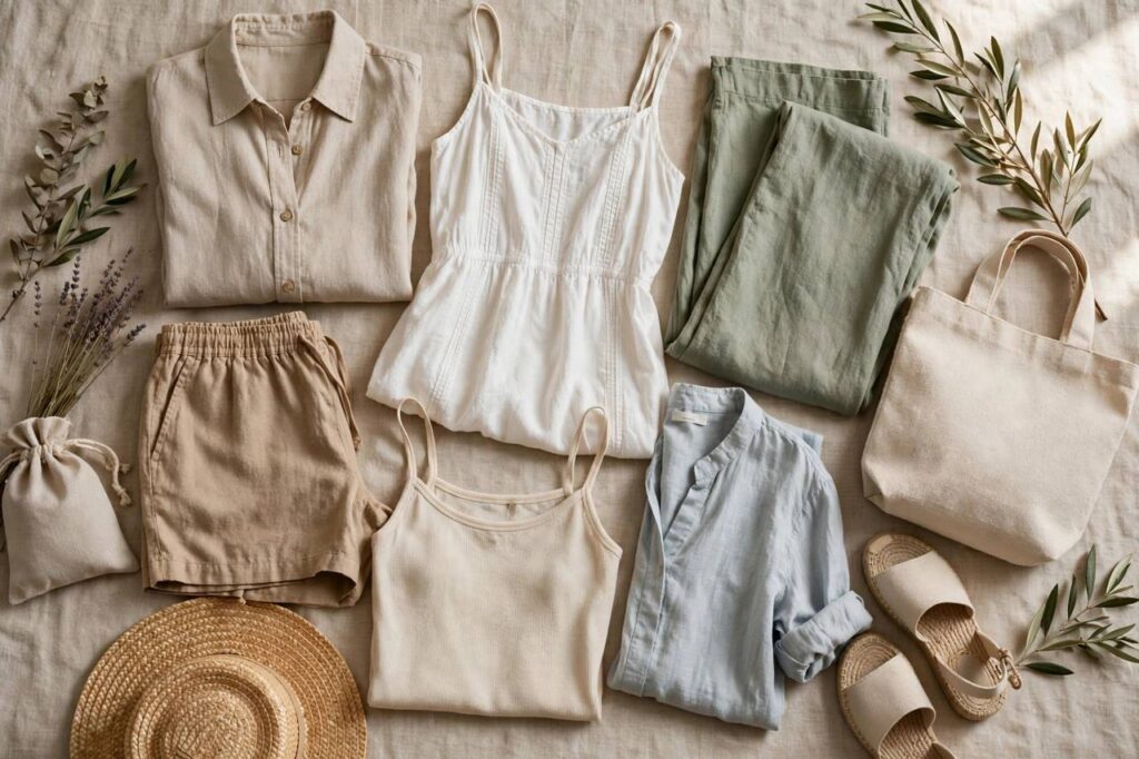 Collection of summer clothing in breathable natural fabrics