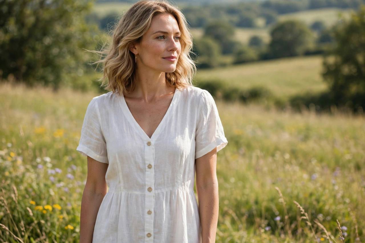 Woman wearing a breezy white linen summer dress in sunlight