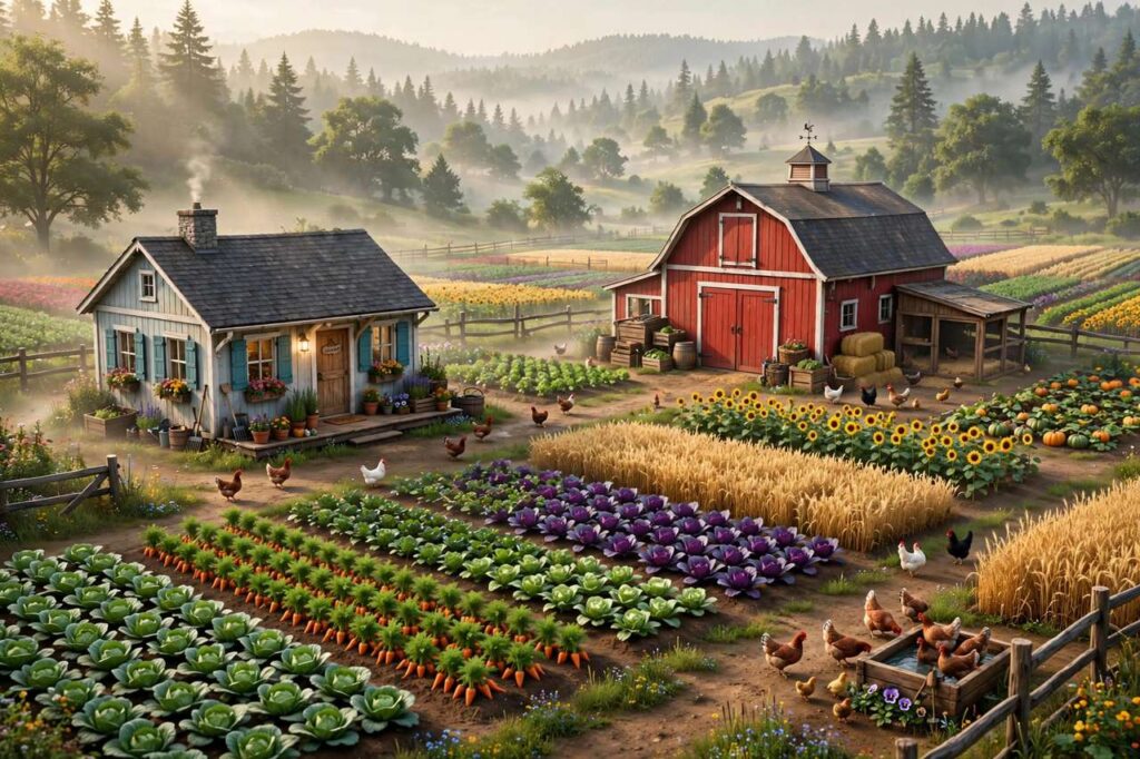 Cozy farm scene in a farming simulator game with crops and farmhouse