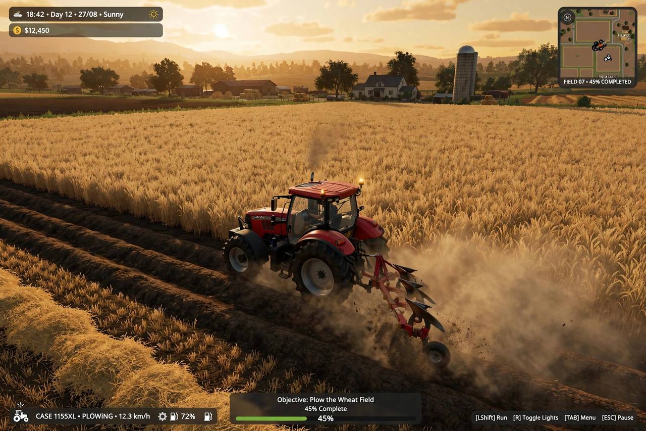 Tractor working a field in Farming Simulator with realistic graphics