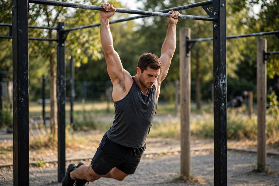 Athlete doing a dead hang for grip strength