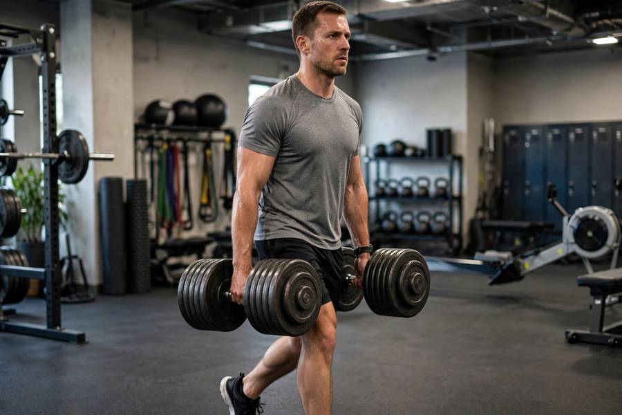 Person doing farmer carries with heavy dumbbells