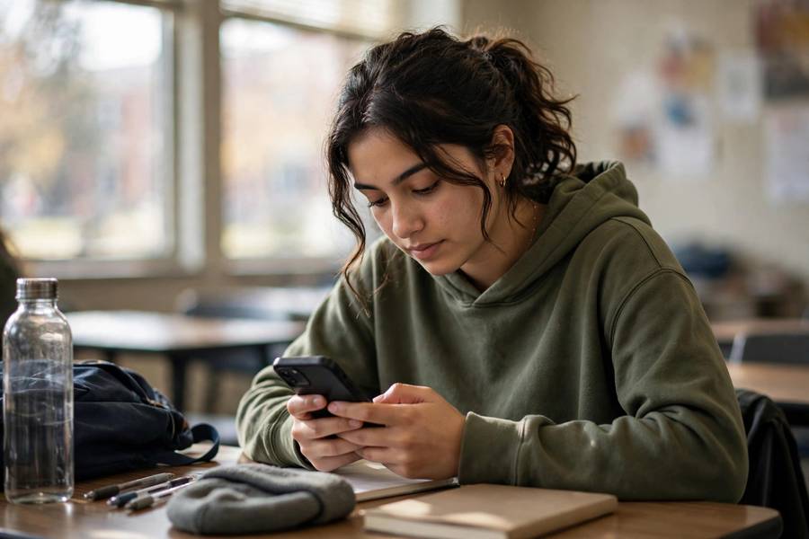 College student taking notes on a phone in class