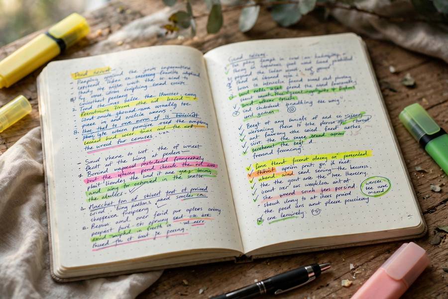 Handwritten notes with colorful highlights in a notebook