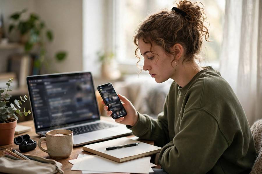 Student studying with free apps on laptop and phone