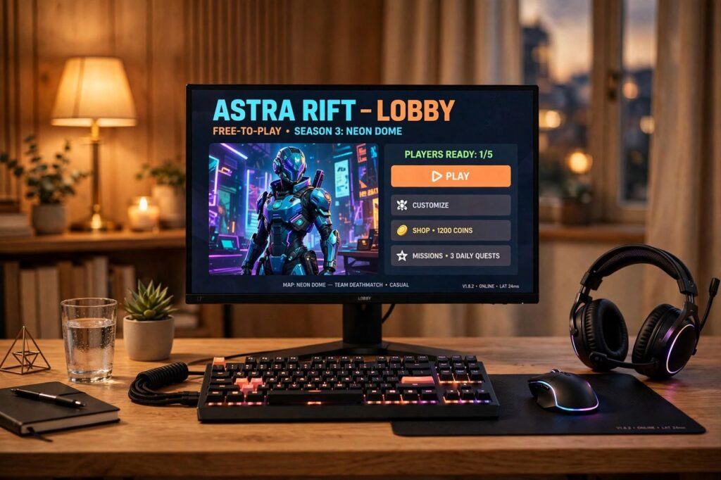 PC gaming setup with free-to-play games on screen