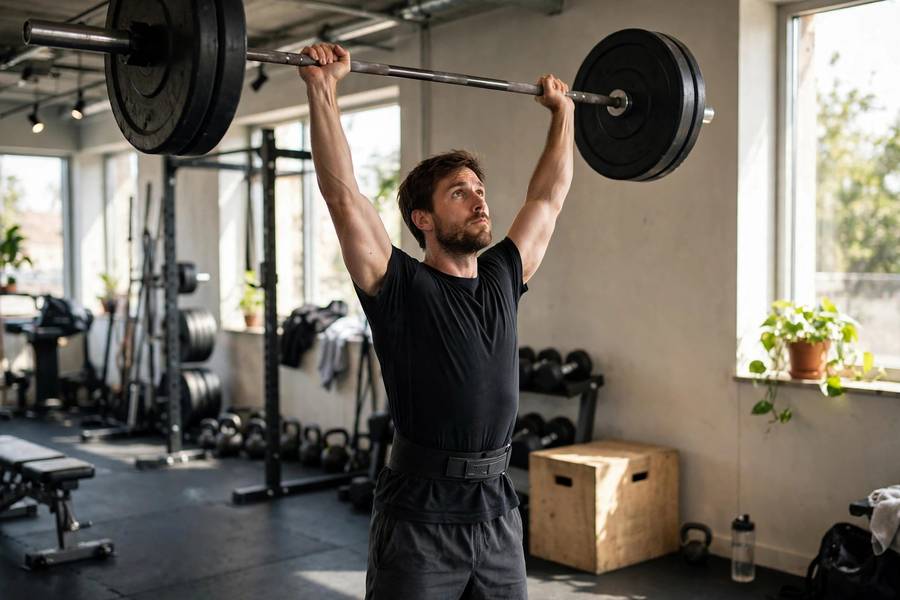 Man performing standing barbell overhead press in a gym