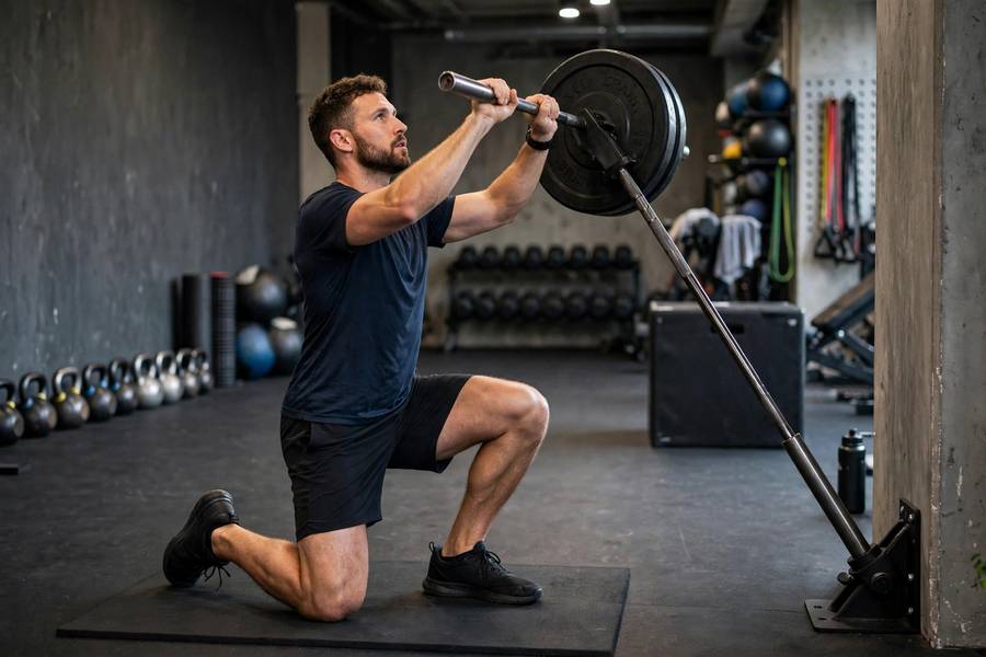 Athlete performing landmine press at a 45-degree angle