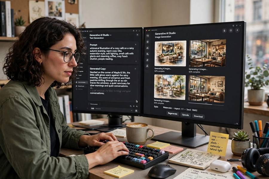 A creative professional using generative AI tools on a dual-monitor setup