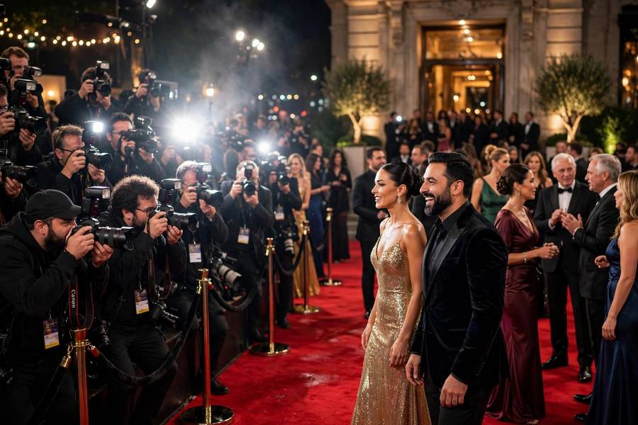 Glamorous red carpet scene at a music awards show at night
