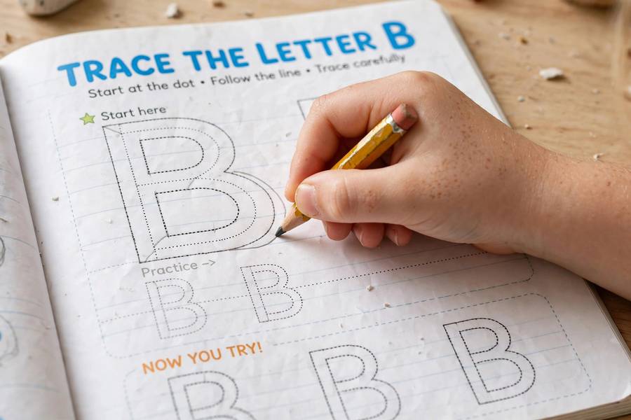 Child tracing letters in handwriting workbook