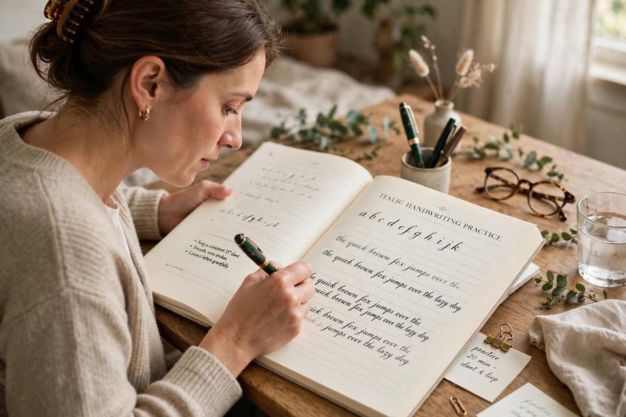 Adult practicing italic handwriting in workbook