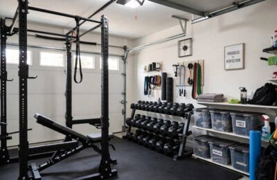 Well-organized best home gym setup in a garage