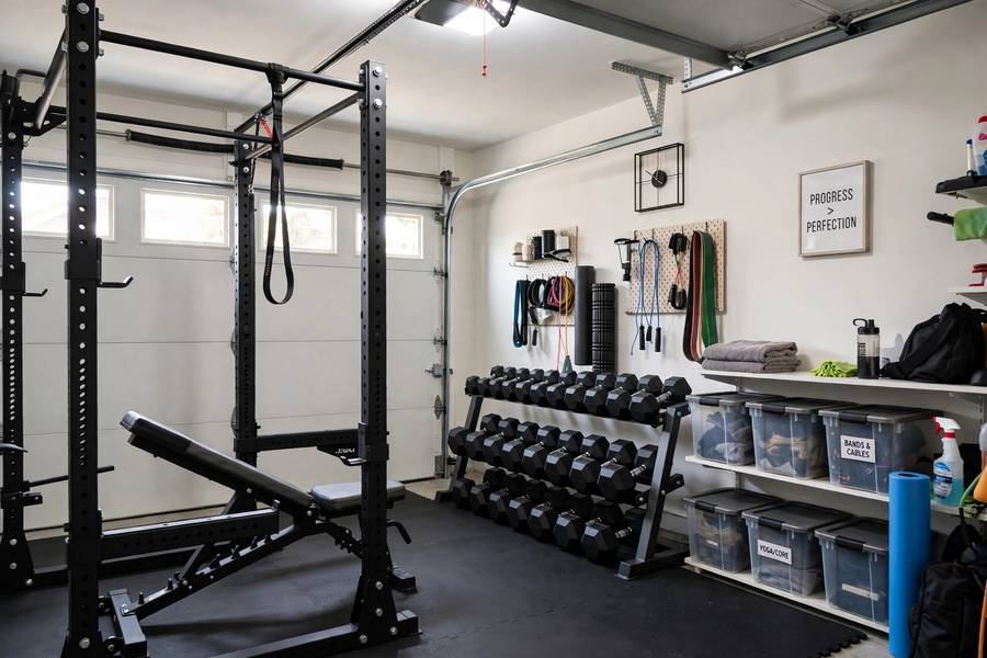 Well-organized best home gym setup in a garage