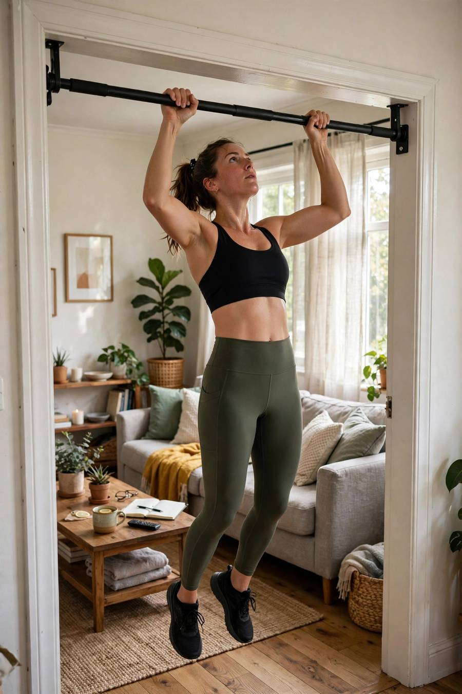 Doorway pull-up bar as part of a budget best home gym setup