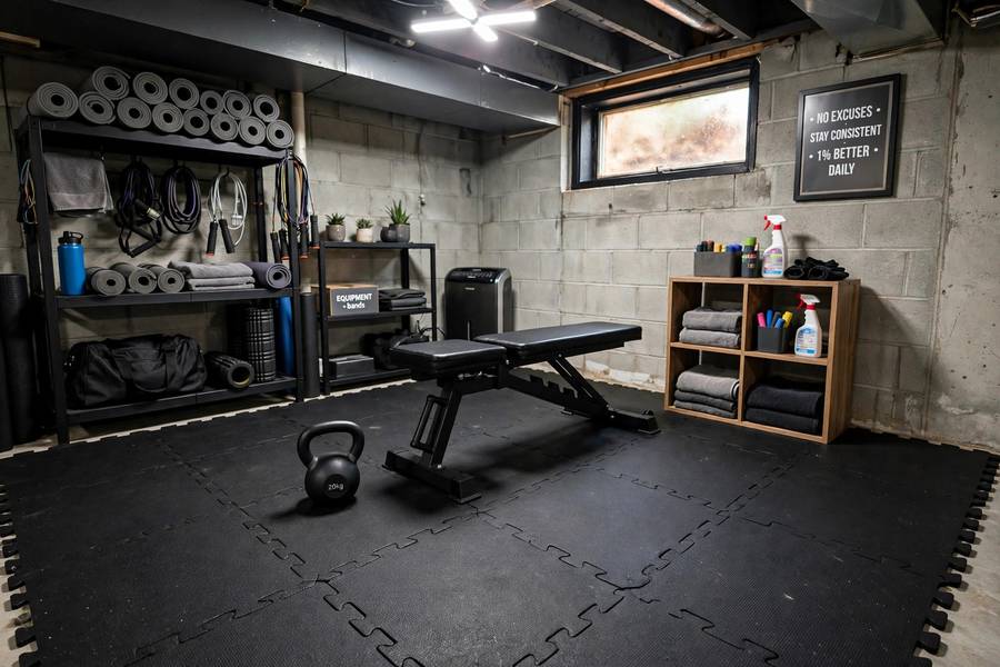 Rubber flooring installed in a basement best home gym setup