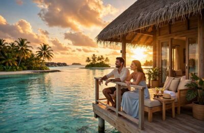 Overwater bungalow in the Maldives at sunset, one of the best honeymoon destinations